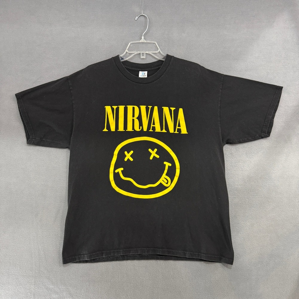 Nirvana T-Shirt Mens XL Smiley Face Graphic Black Yellow‎ TeeStyled 90s Band Tee